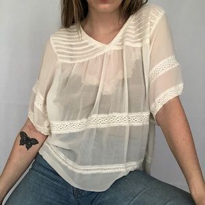 Sheer Bohemian Lace Detail Cream Blouse